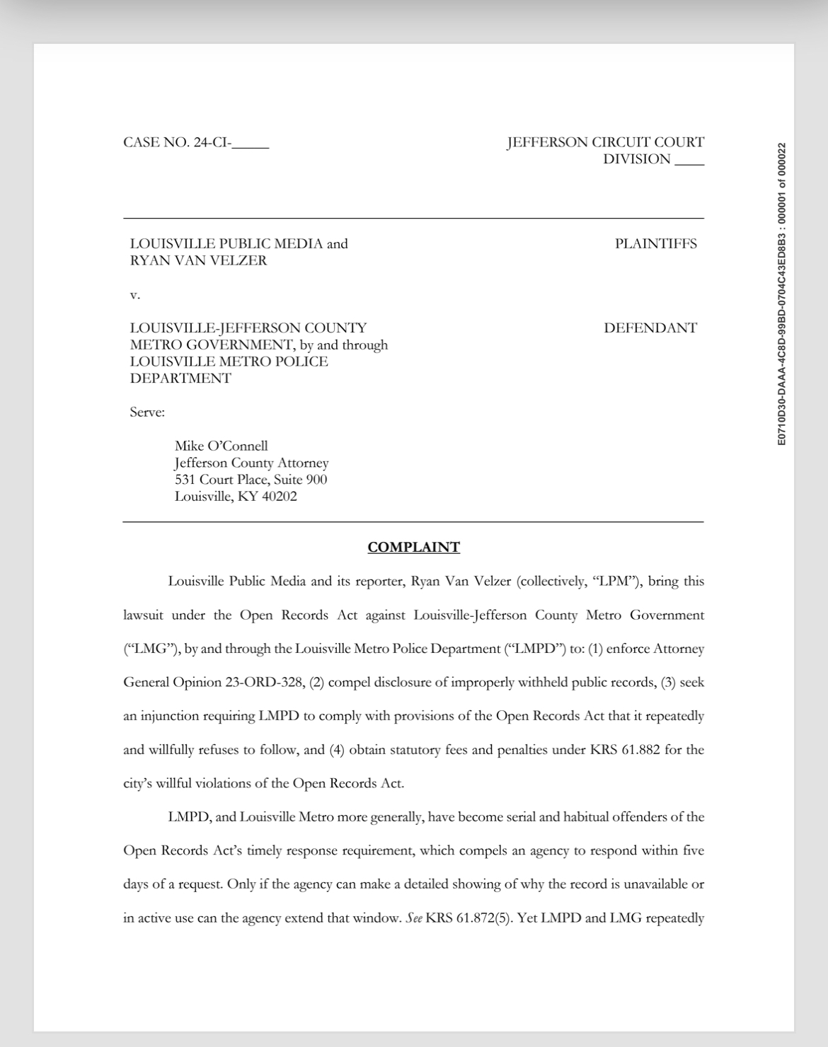 Page one of complaint in open records case filed by LPM