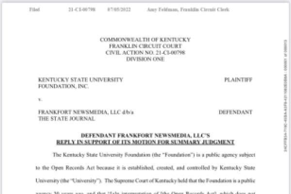 Front page of State Journal’s reply to KSU Foundation’s response