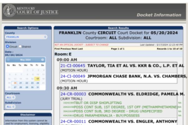 Franklin Circuit Court Motion Hour Docket May 20