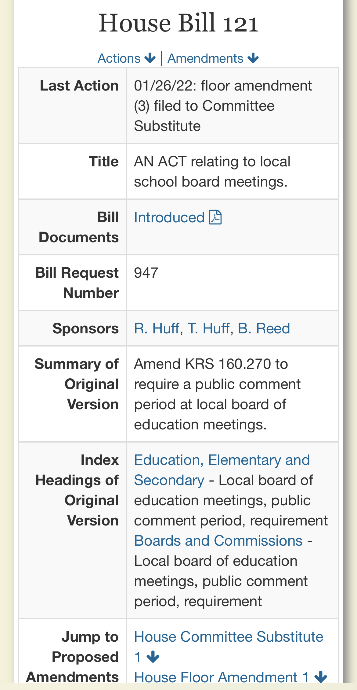 A summary of HB 121 from the LRC website