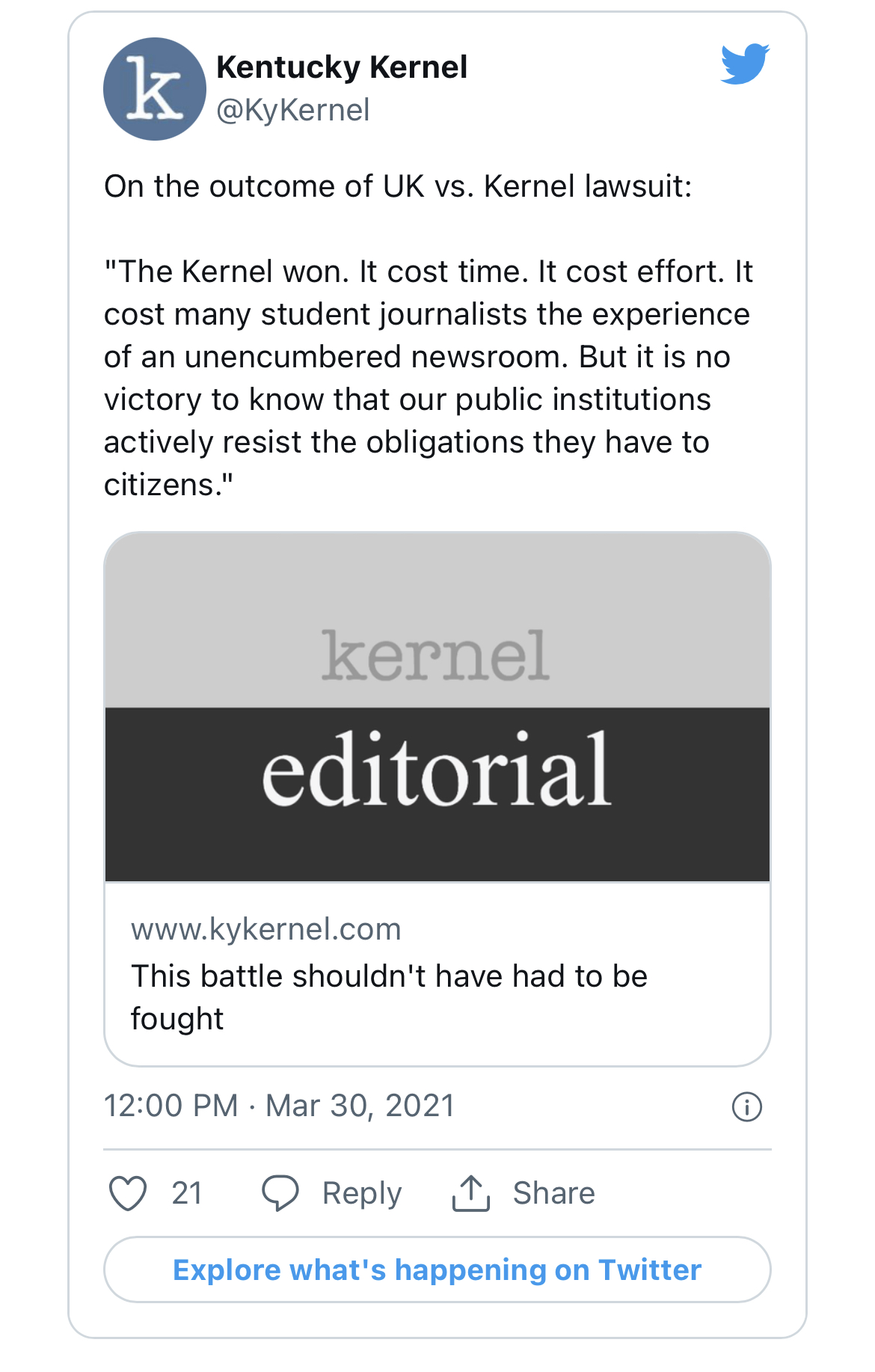 The Kernel announces its victory 