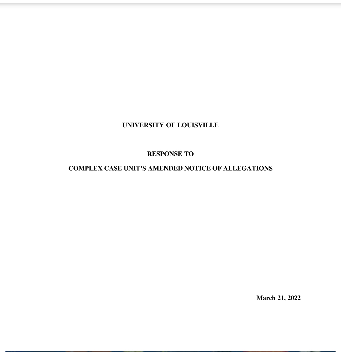 Cover page of UofL’s response to NCAA inquiry