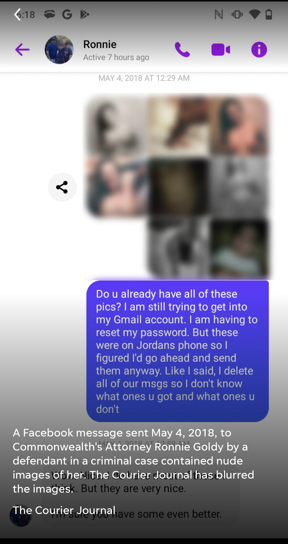 Courier Journal screenshot of messages exchanged by prosecutor and defendant of Facebook messenger 