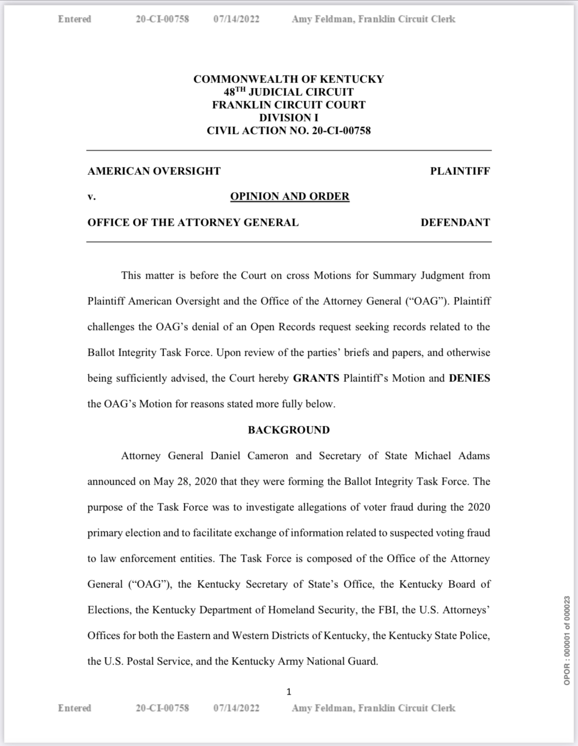 The first page of the Franklin Curcuit Court’s opinion in American Oversight v Office of the Attorney General 