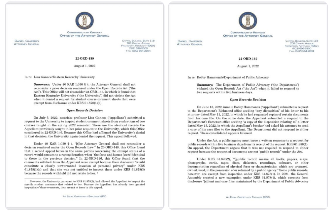 First page of two recently issued open records decisions issued by the Kentucky Attorney General 