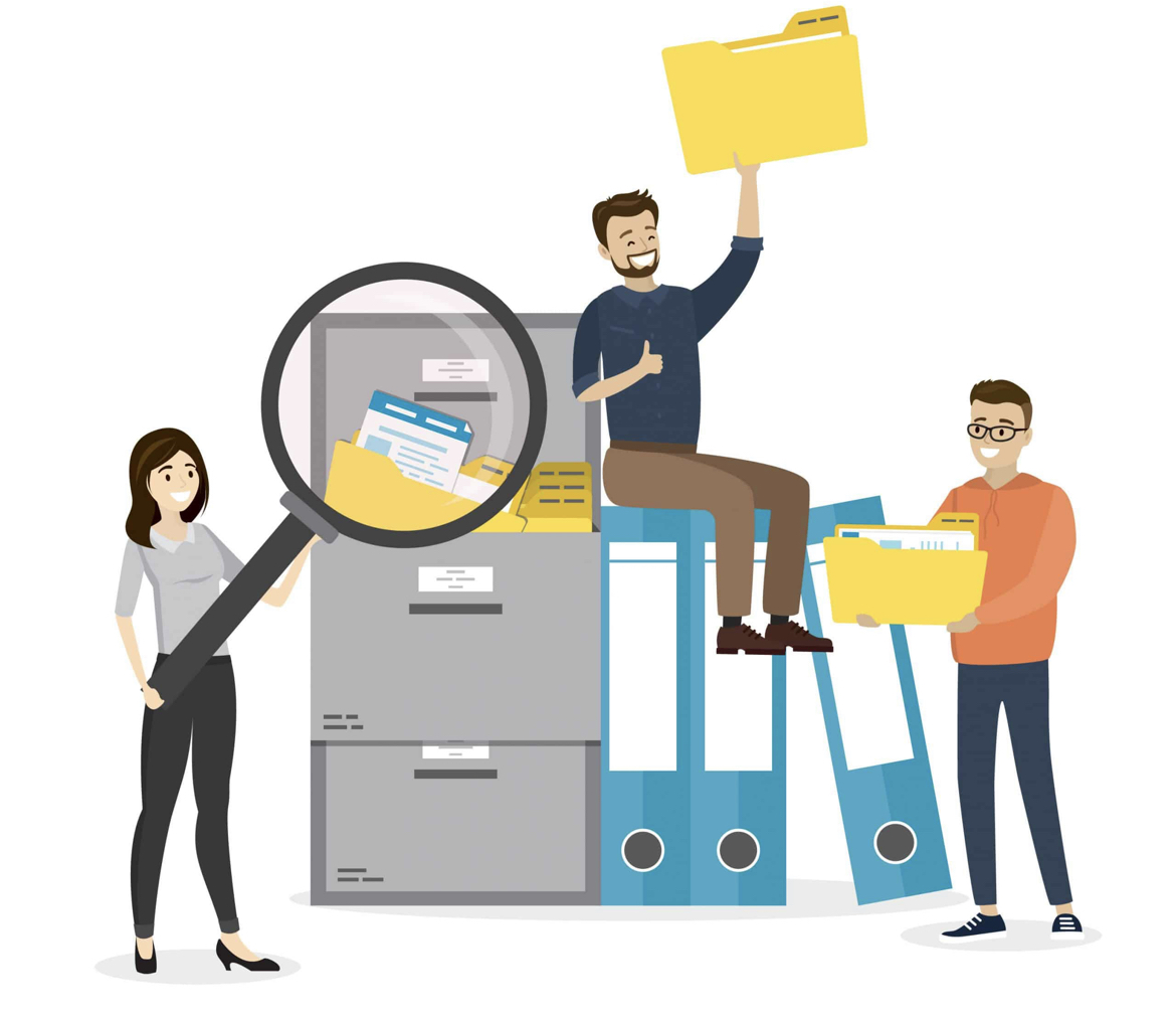Image if three people searching for missing records in file cabinet and on computer