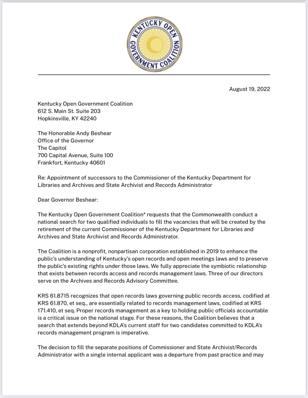 First page of Coalition letter to Governor Beshear requesting national search for qualified candidates to fill two KDLA vacancies