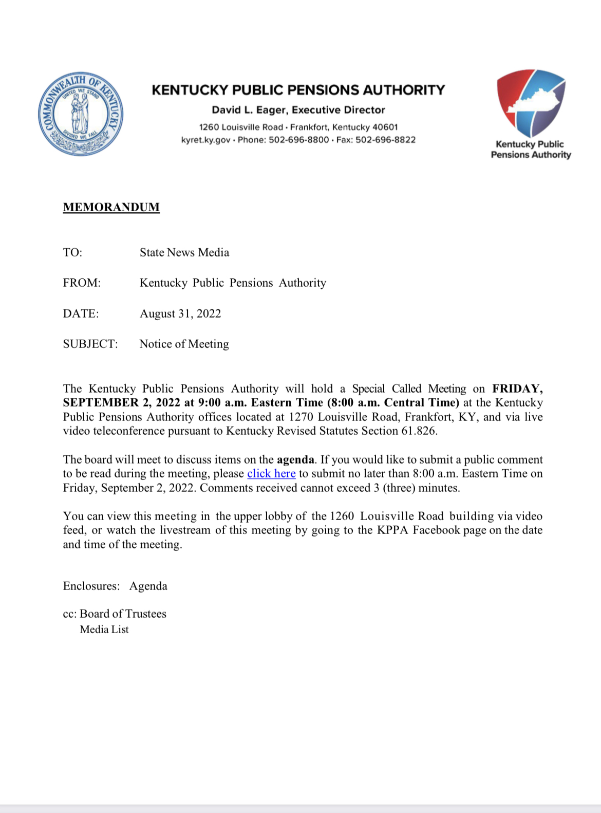 Meeting notice for KPPA’s September 2 Special Meeting