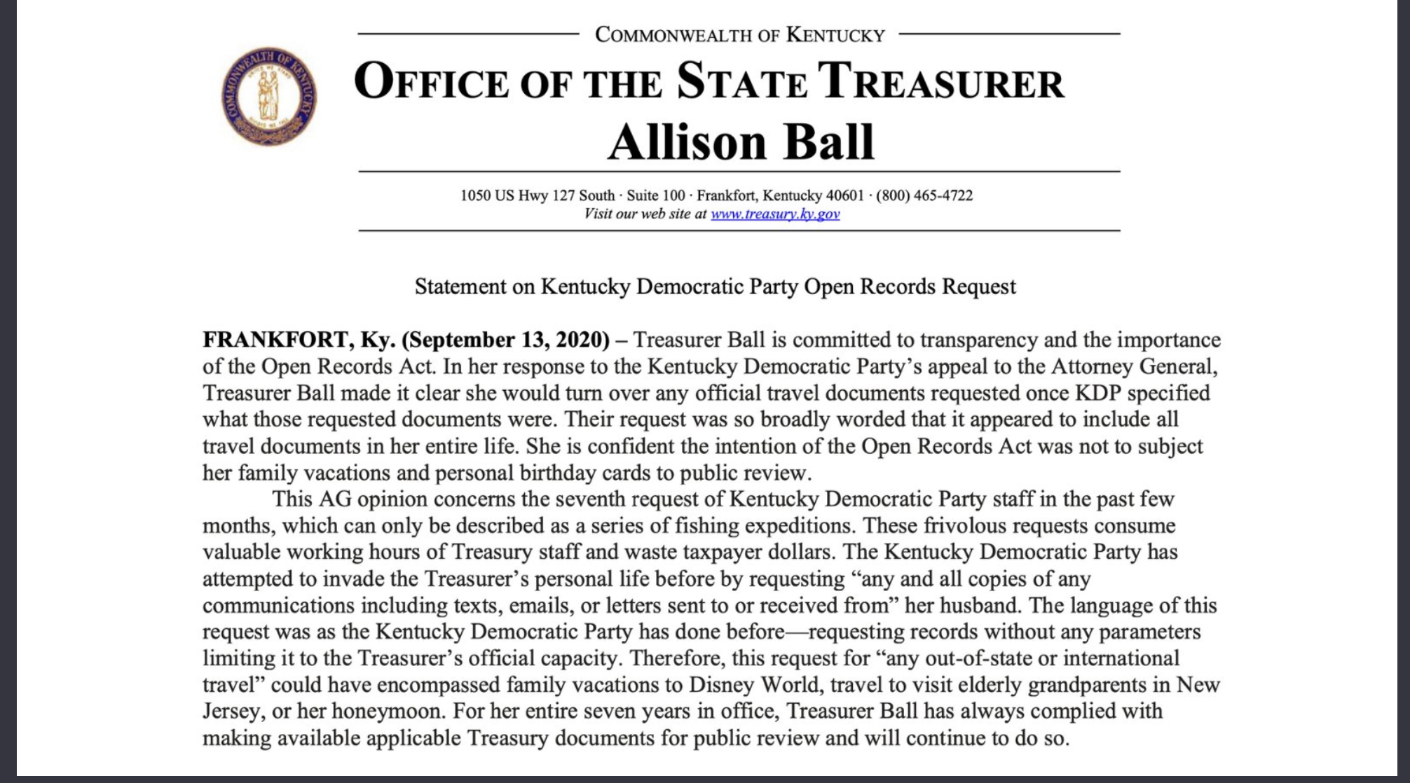 Statement issued by Treasurer Allison Ball