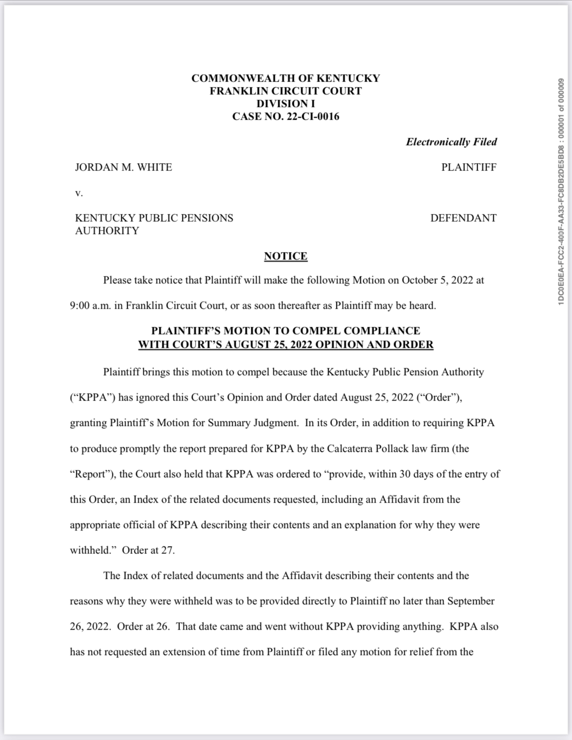 First page of Plaintiff Jordan White’s Motion to Compel