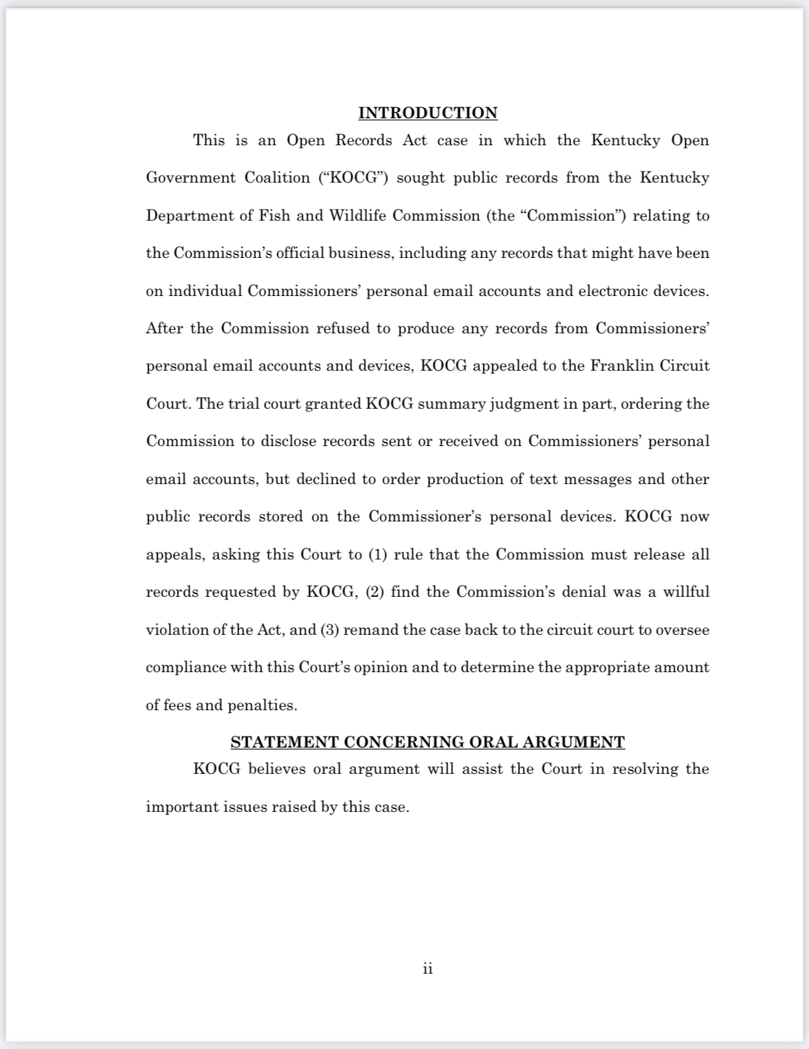Statement of the case in Kentucky Open Government Coalition v Kentucky Department of Fish and Wildlife Resources Commission 