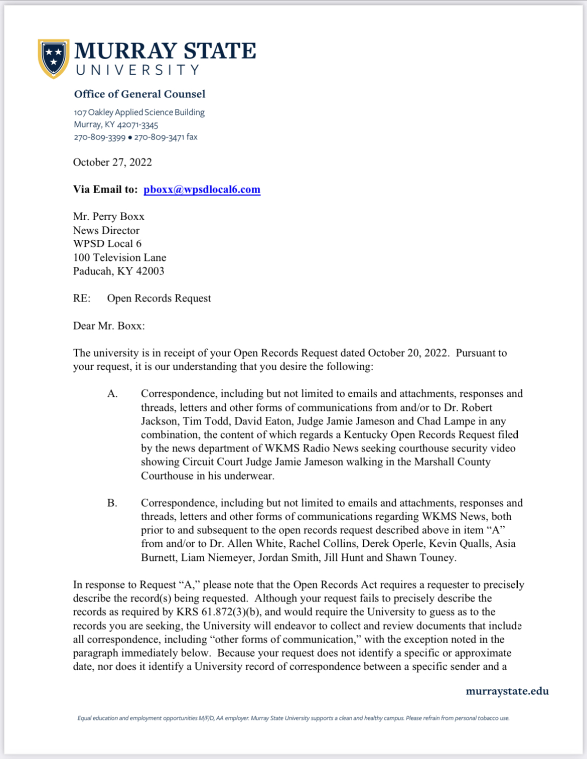 First page of Murray State’s denial of WPSD request
