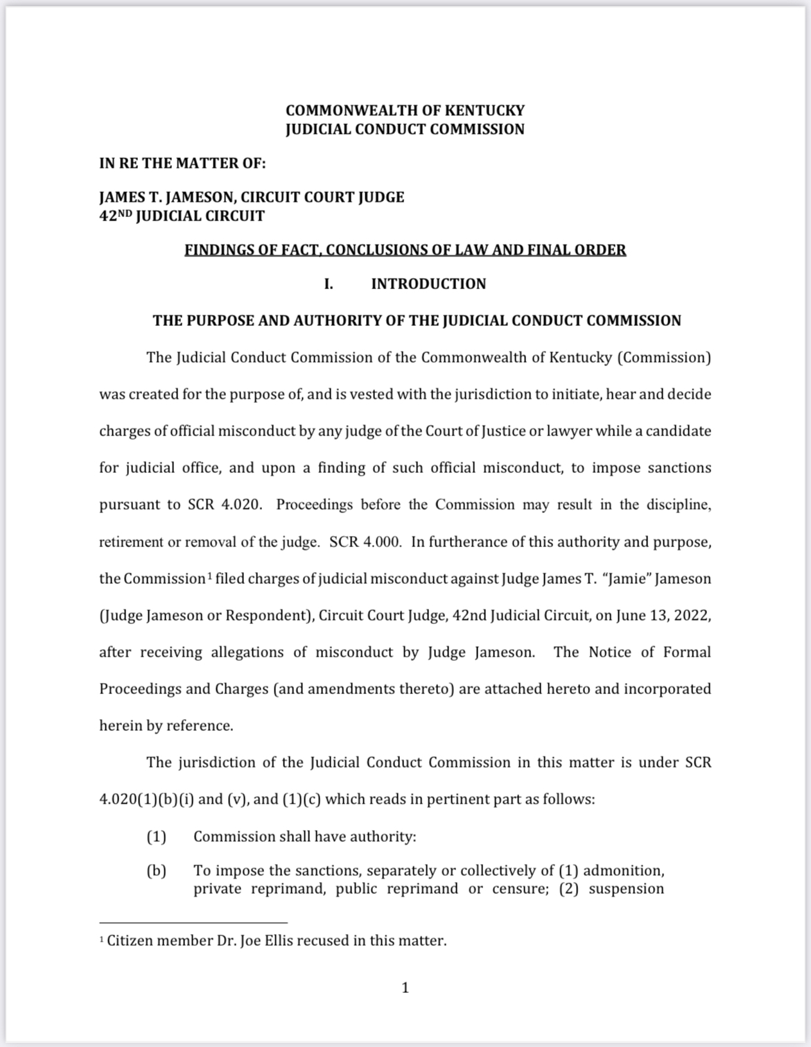 First page of Judicial Conduct Commission’s final order removing judge from office 