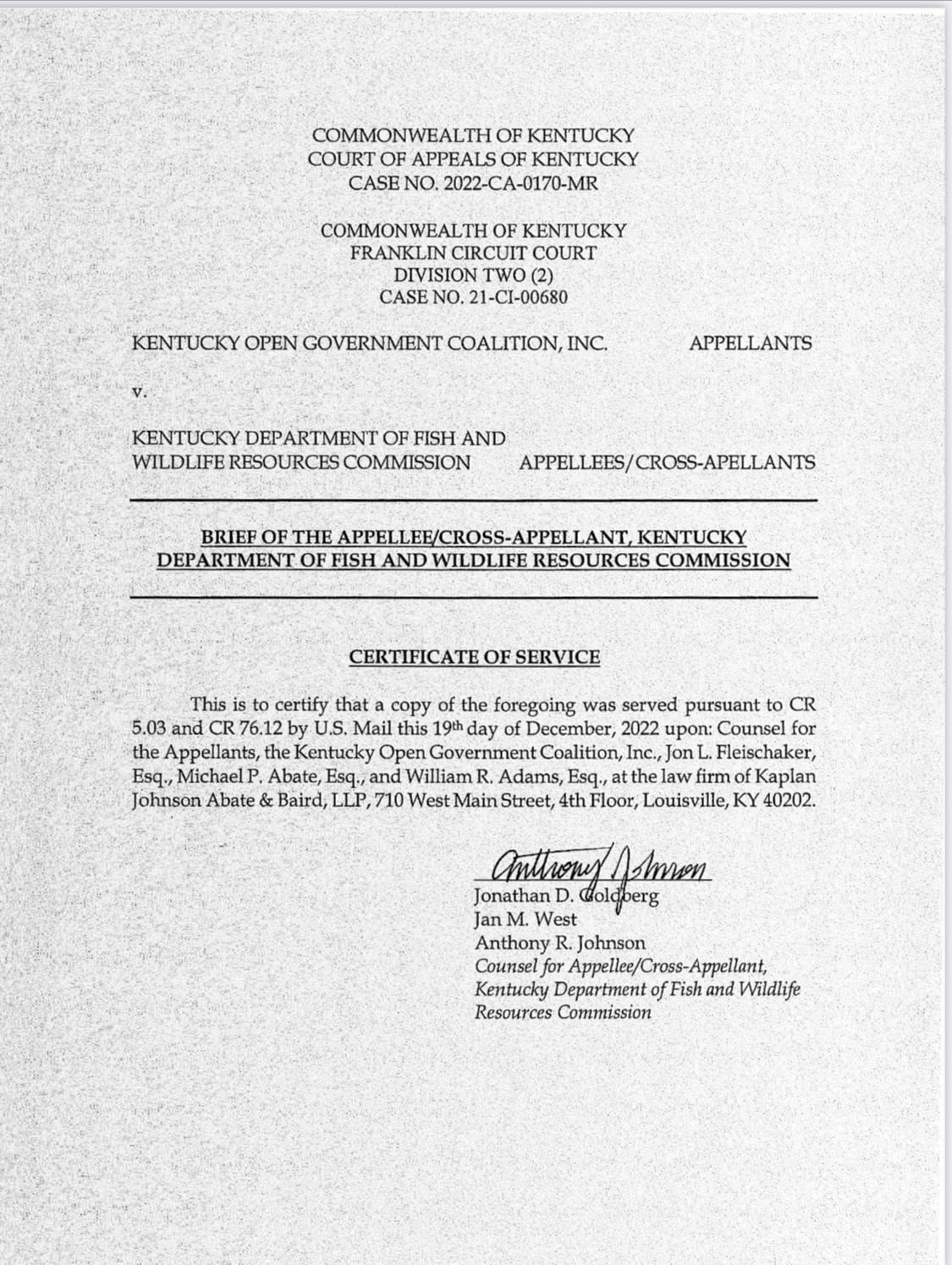 Cover page of Commission’s appellate brief