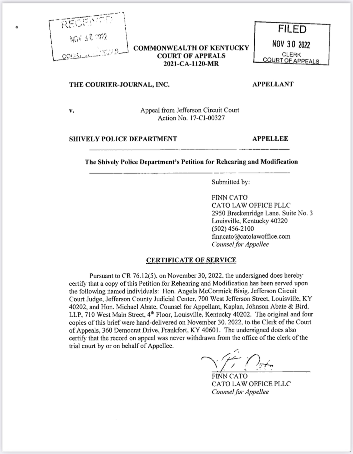First page of Shively Police Department’s petition for rehearing