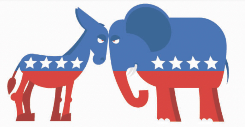 Democrat emblem and Republican emmblen butt heads