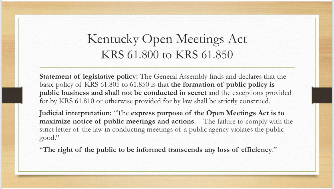 KOGC PowerPoint slide introducing open meetings law