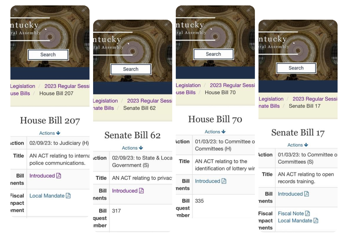 Bills descriptions for four open records bills filed in 2023