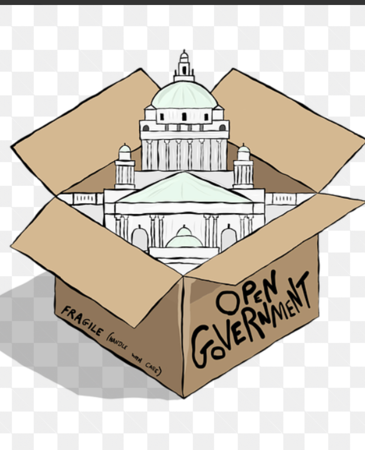 Cartoon of Capitol in a delivery box marked “handle with care”