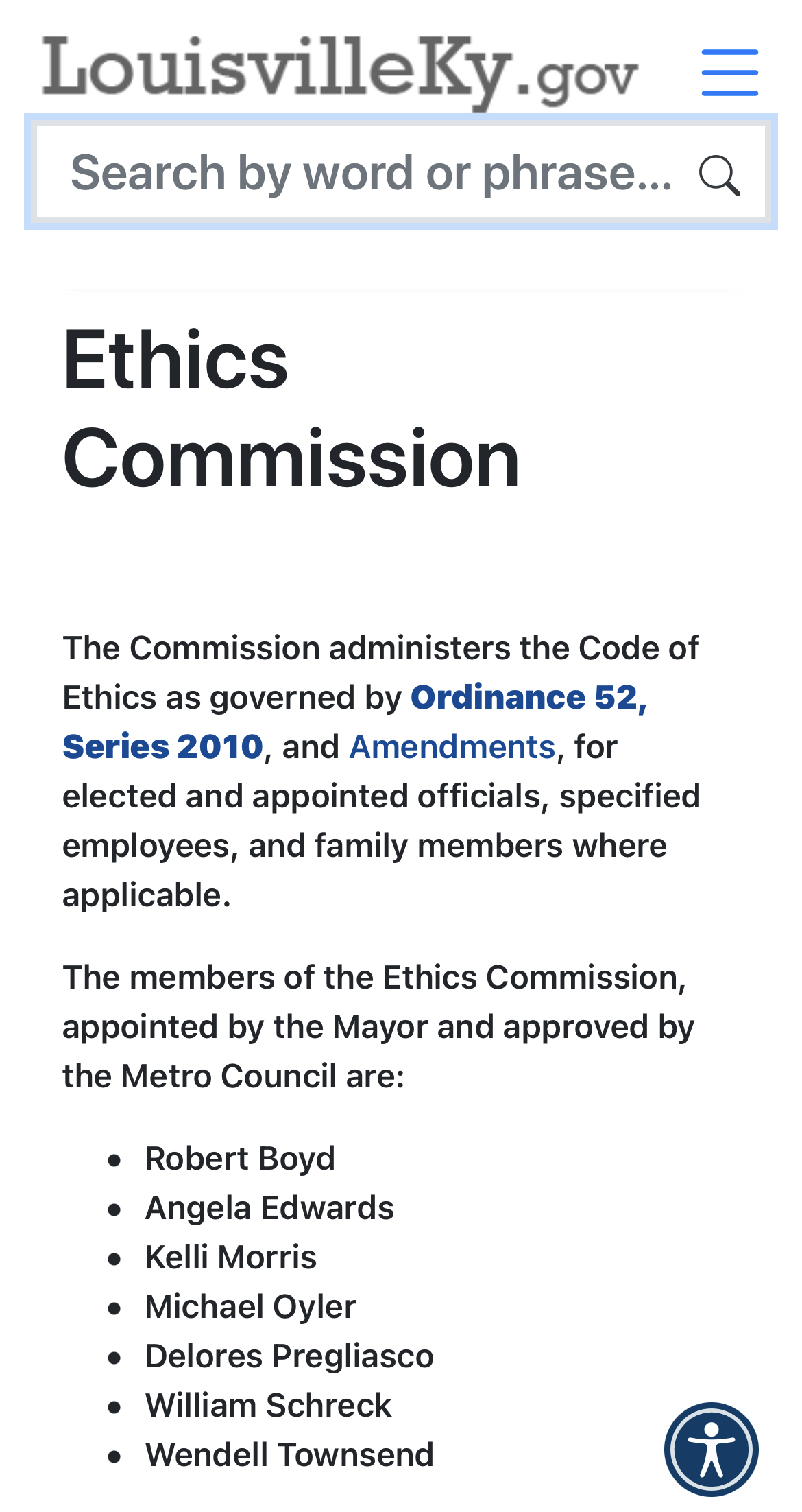 Webpage for Metro Ethics Commission