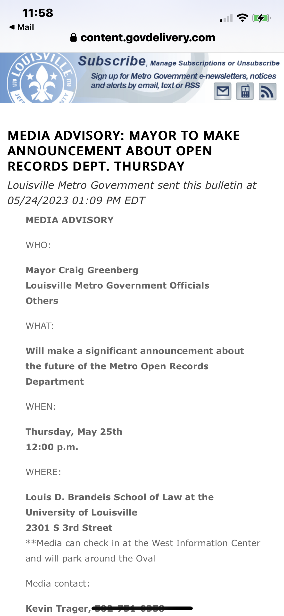 May 25 press release from Mayor Craig Greenberg