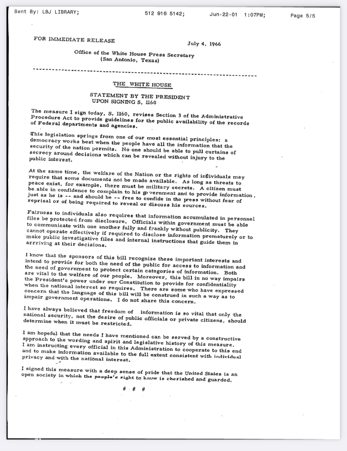 1966 press release on FOIA