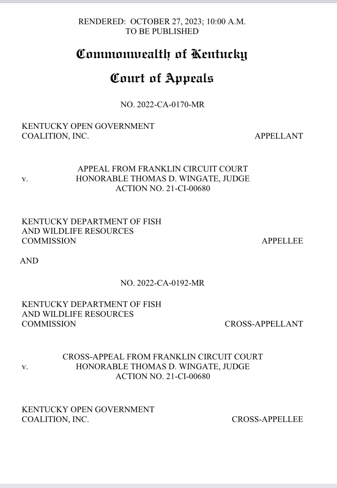 Kentucky Court of Appeals published opinion in Kentucky Open Government Coalition v Kentucky Department of Fish and Wildlife Resources Commission