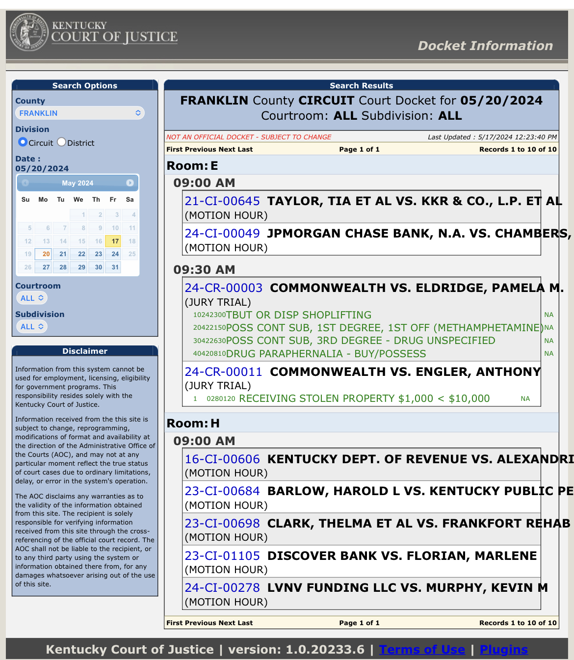Franklin Circuit Court Motion Hour Docket May 20