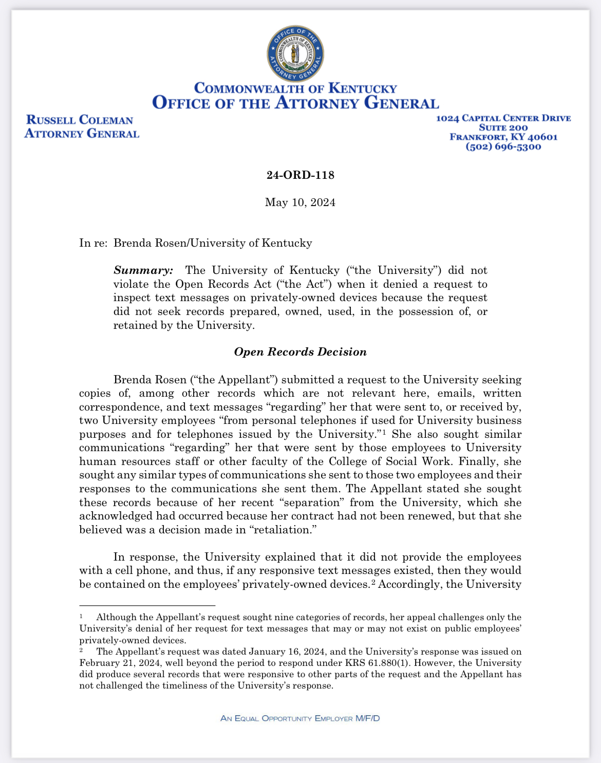 Attorney General's open records decision 