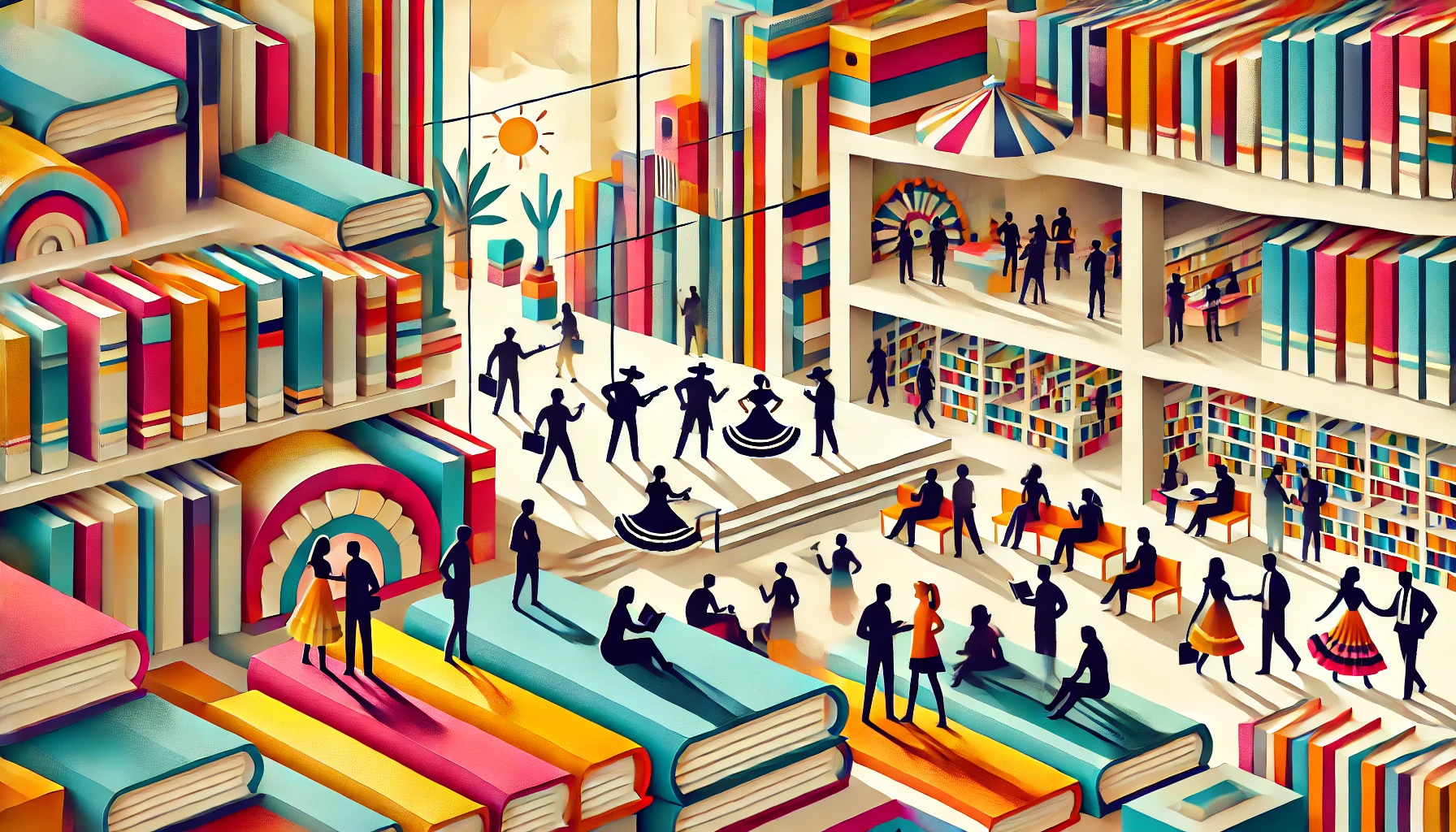 Colorful illustration of a Latin-inspired library, abstract. AI Generated with ChatGPT.