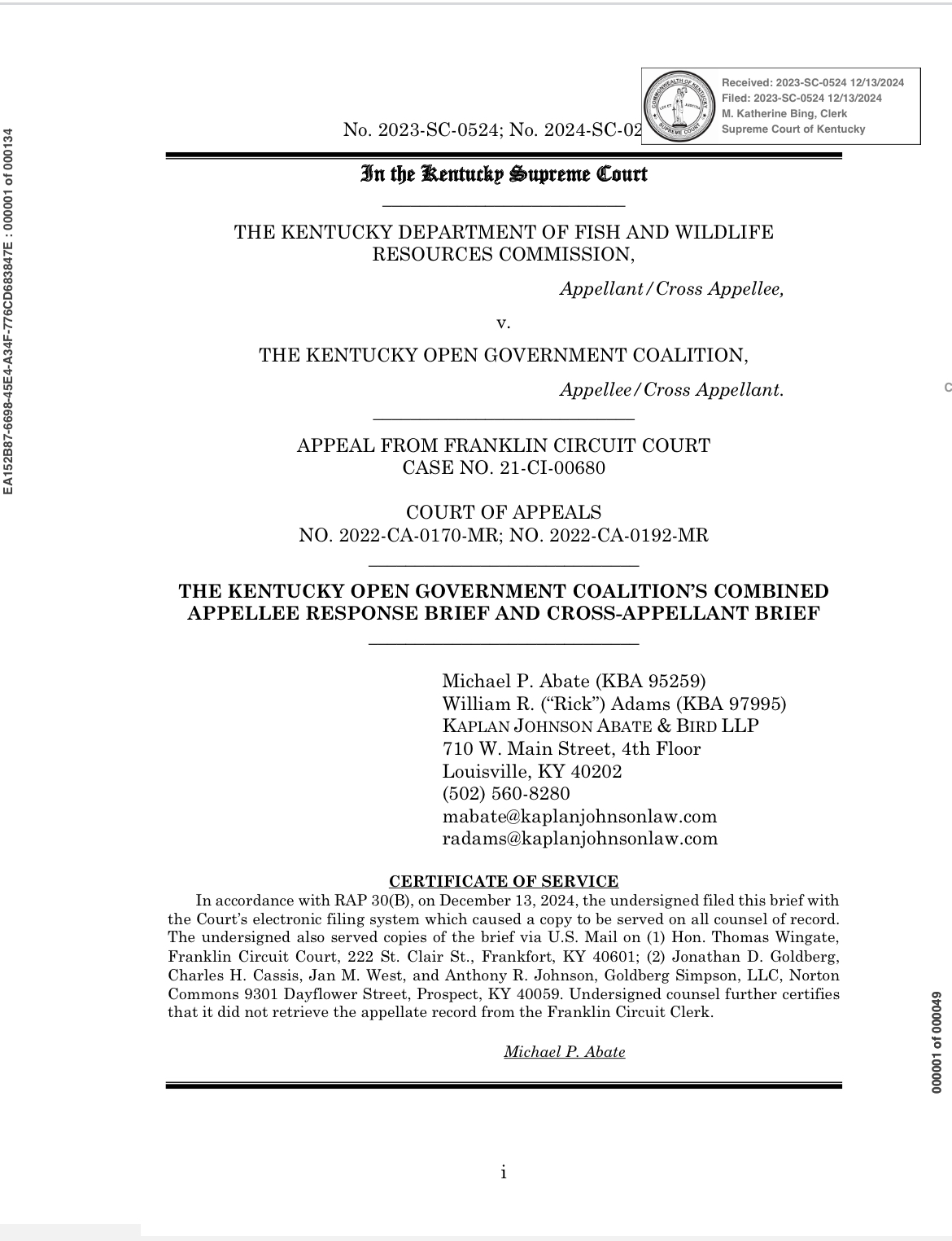 Cover page of Appellee's brief in KDFWRC v KOGC