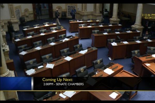 An empty legislative chamber