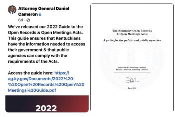 Attorney General Daniel Cameron’s Facebook announcement of release of open records/meetings guide 