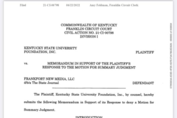 Kentucky State University Foundation Response to Motion for Summary Judgment 