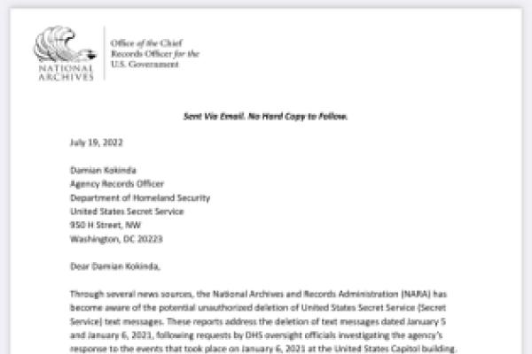 Letter from National Archives to US Secret Service inquiring about improper destruction of text messages 