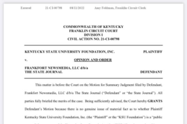 First page of August 11 Franklin Circuit Court opinion declaring that Kentucky State University Foundation is a public agency for open records purposes