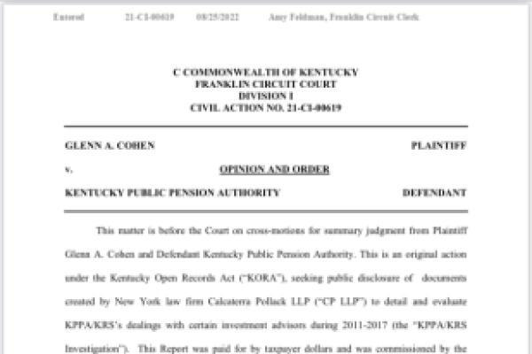First page of Franklin Circuit Court’s opinion in Cohen v KPPA