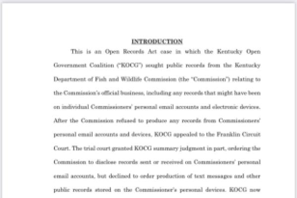 Statement of the case in Kentucky Open Government Coalition v Kentucky Department of Fish and Wildlife Resources Commission 