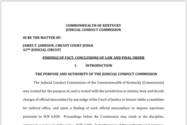 First page of Judicial Conduct Commission’s final order removing judge from office 