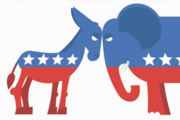 Democrat emblem and Republican emmblen butt heads