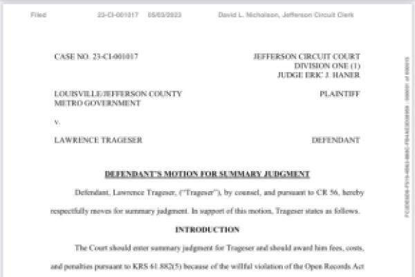 Motion for Summary Judgment in Louisville Metro v Trageser