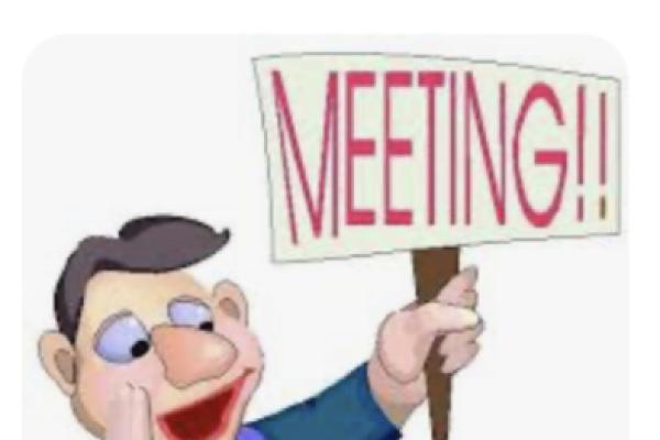 Cartoon image of man holding a sign proclaiming “MEETING!!”