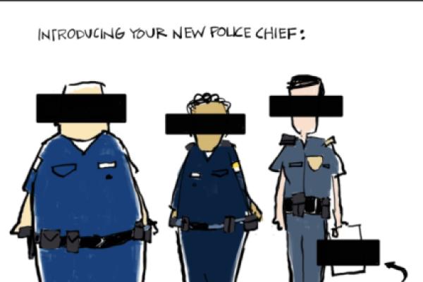 Mark Murphy editorial cartoon from Courier Journal depicting LMPD chief candidates with identities hidden