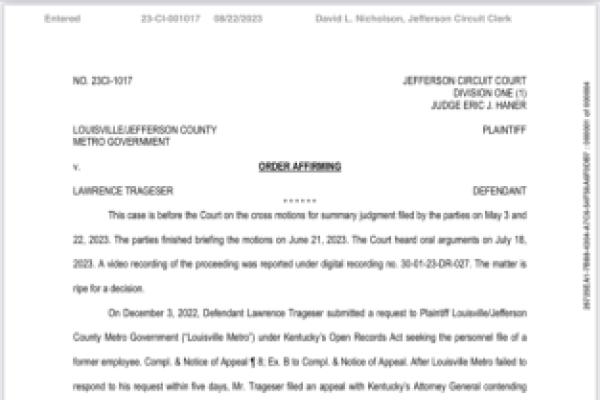 First page in Louisville Metro v Trageser