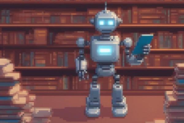 AI (Pixel Art XL) - A cartoon of a helpful robot scanning a beam of light over stacks of books